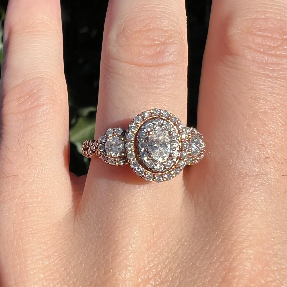 Rose Gold Three Diamond Halo Ring SIZE 6.25
