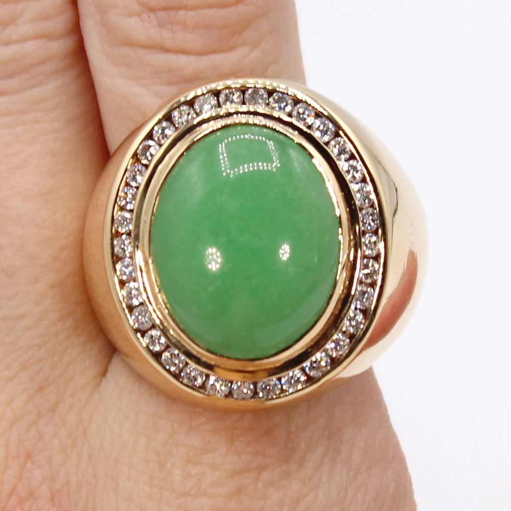 14K Yellow Gold Apple Green Jade and Diamond Gents Ring SIZE 13