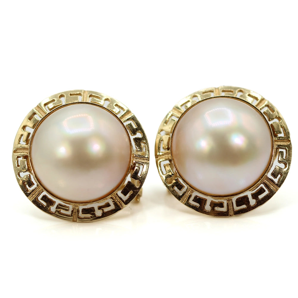 Vintage 14K Yellow Gold Mabe Pearl and Greek Key Earrings