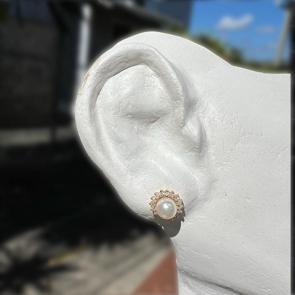 Convertible Pearl Stud Earrings with Removable Diamond and Gold Halos