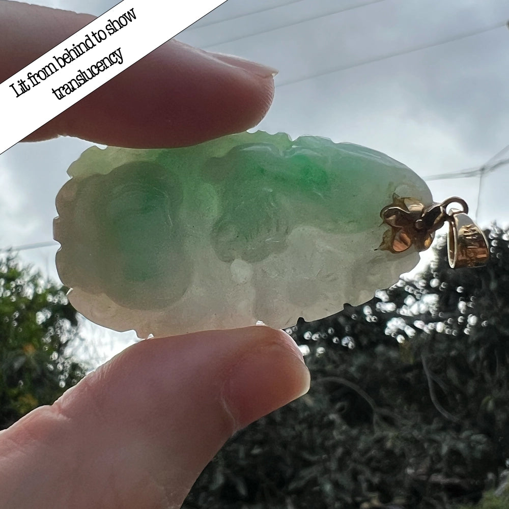 Carved Moss In Snow Jade Tiger and Flower Pendant with 14K Yellow Gold Bail