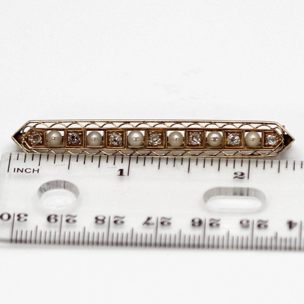 Antique 14K Yellow Gold Old Mine Cut Diamond and Pearl Brooch