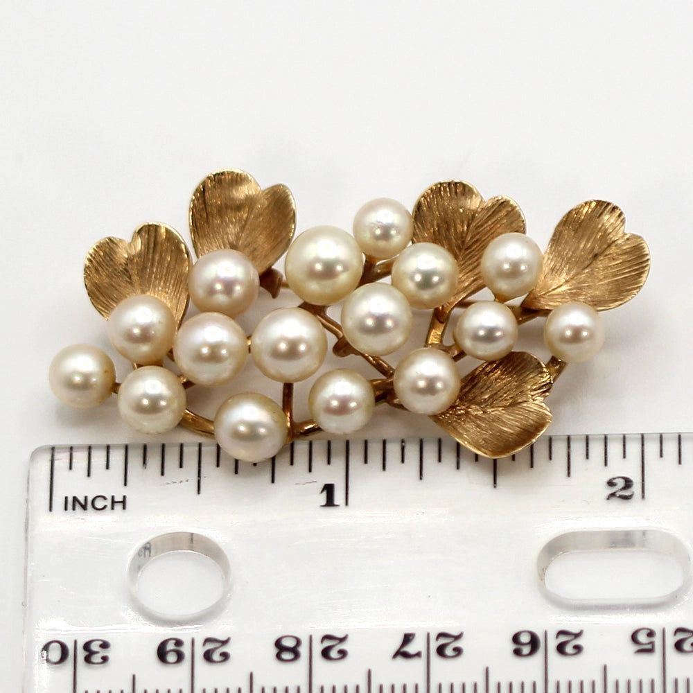 Ming’s Hawai’i 14K Yellow Gold and Pearl Cluster Leaf Brooch