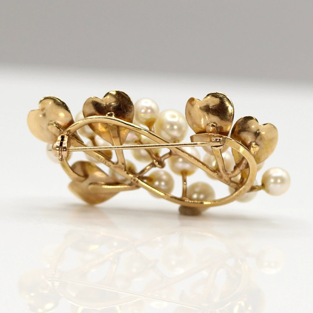 Ming’s Hawai’i 14K Yellow Gold and Pearl Cluster Leaf Brooch