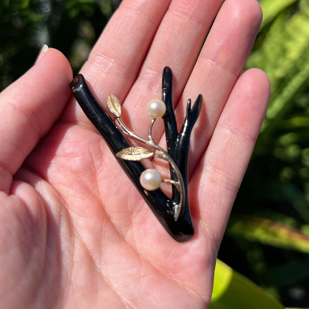 Black Branch Coral Brooch with 14K Yellow Gold and Cultured Pearls.