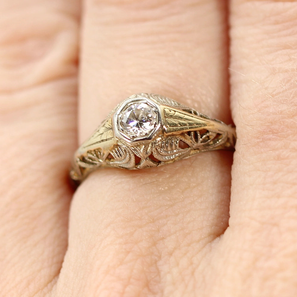 Vintage Two-Toned Gold and .25 Carat Old European Cut Diamond Ring SIZE 6.75