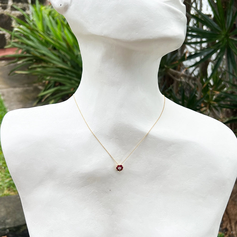 18K Yellow Gold Ruby and Diamond Flower Pendant with Chain