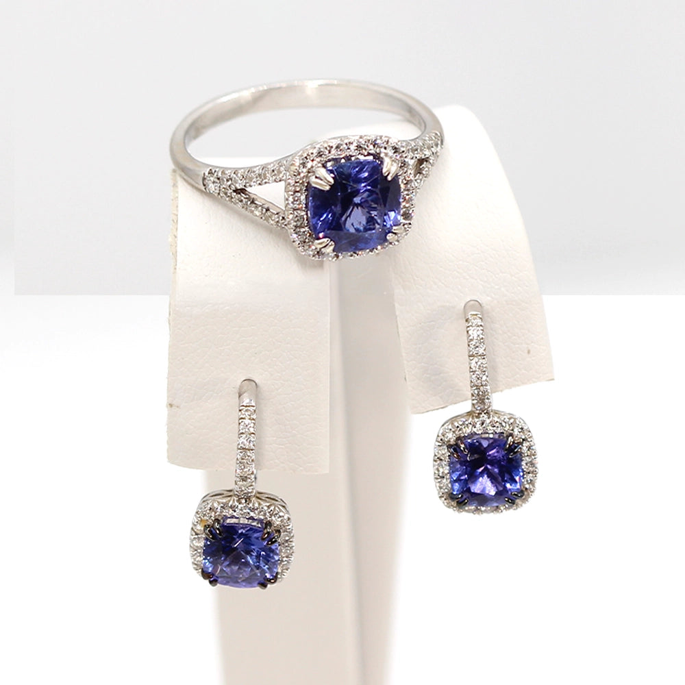Luvente 14K White Gold Tanzanite and Diamond Halo Leverback Earrings