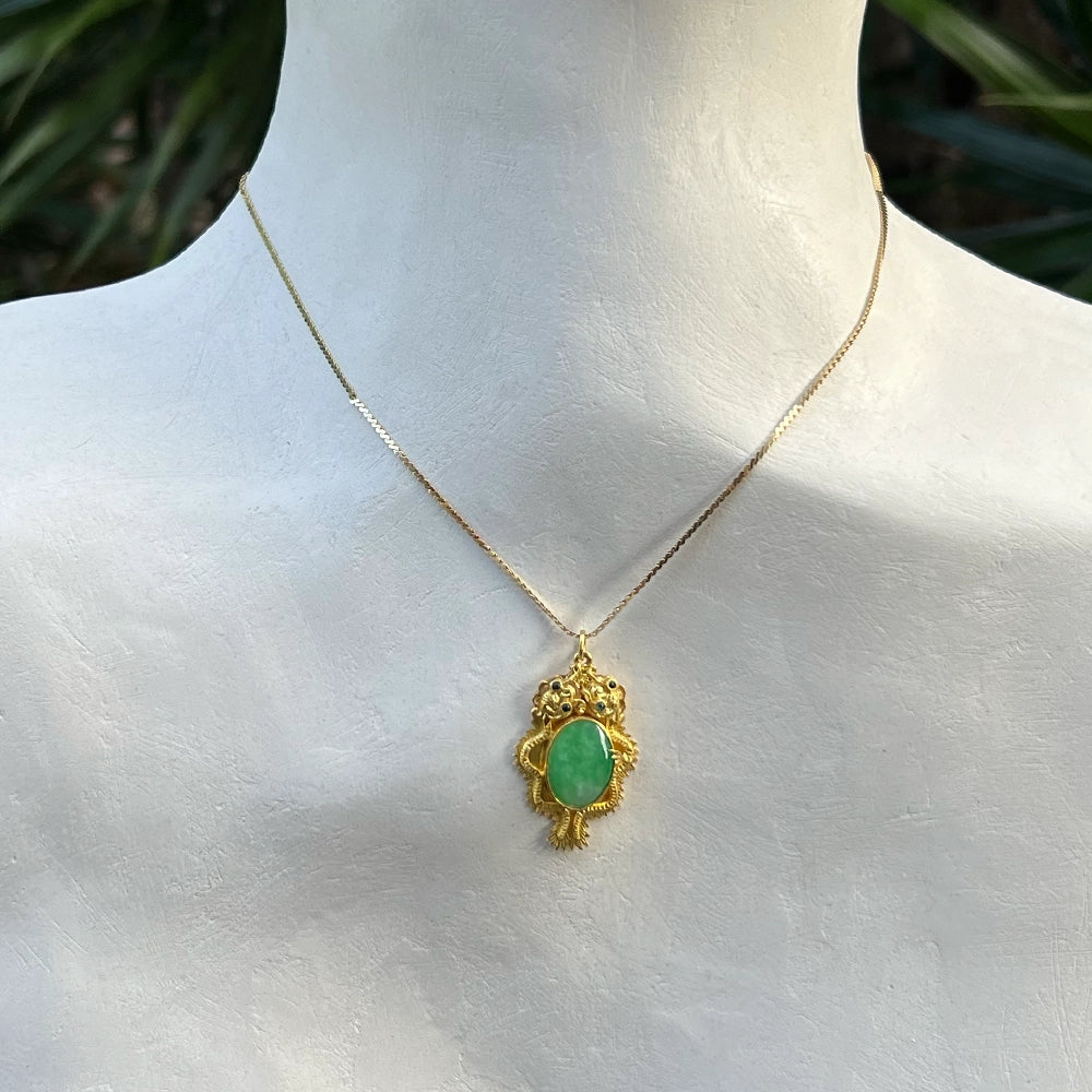 Double Dragon 22K Yellow Gold and Mottled Green Jade Pendant