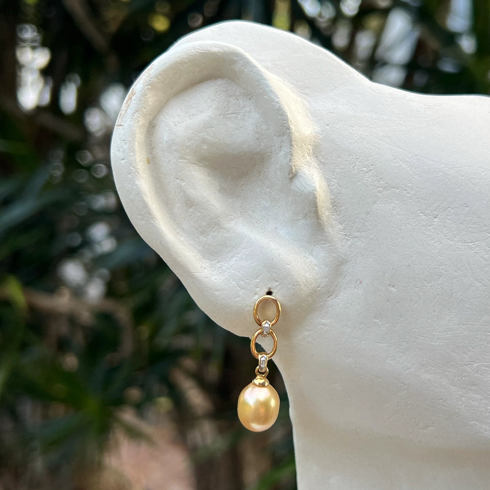 Champagne Pearl and 14K Yellow Gold Drop Earrings with Diamond Accents