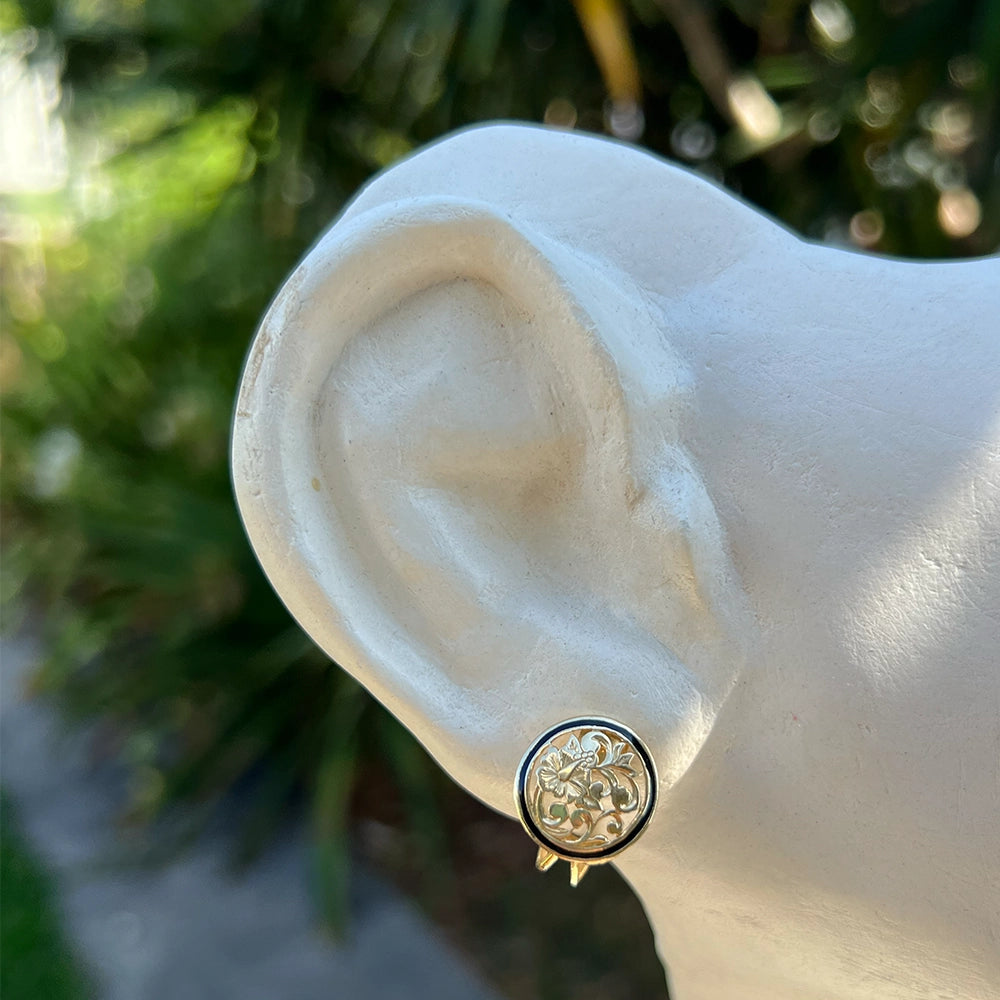 Hawaiian Hibiscus Earrings in 14K Yellow Gold and Black Enamel