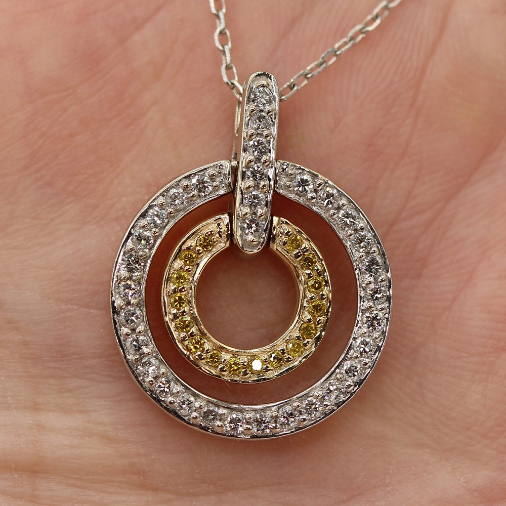 White and Canary Diamond Double Circle Pendant in Two Toned Gold with Chain