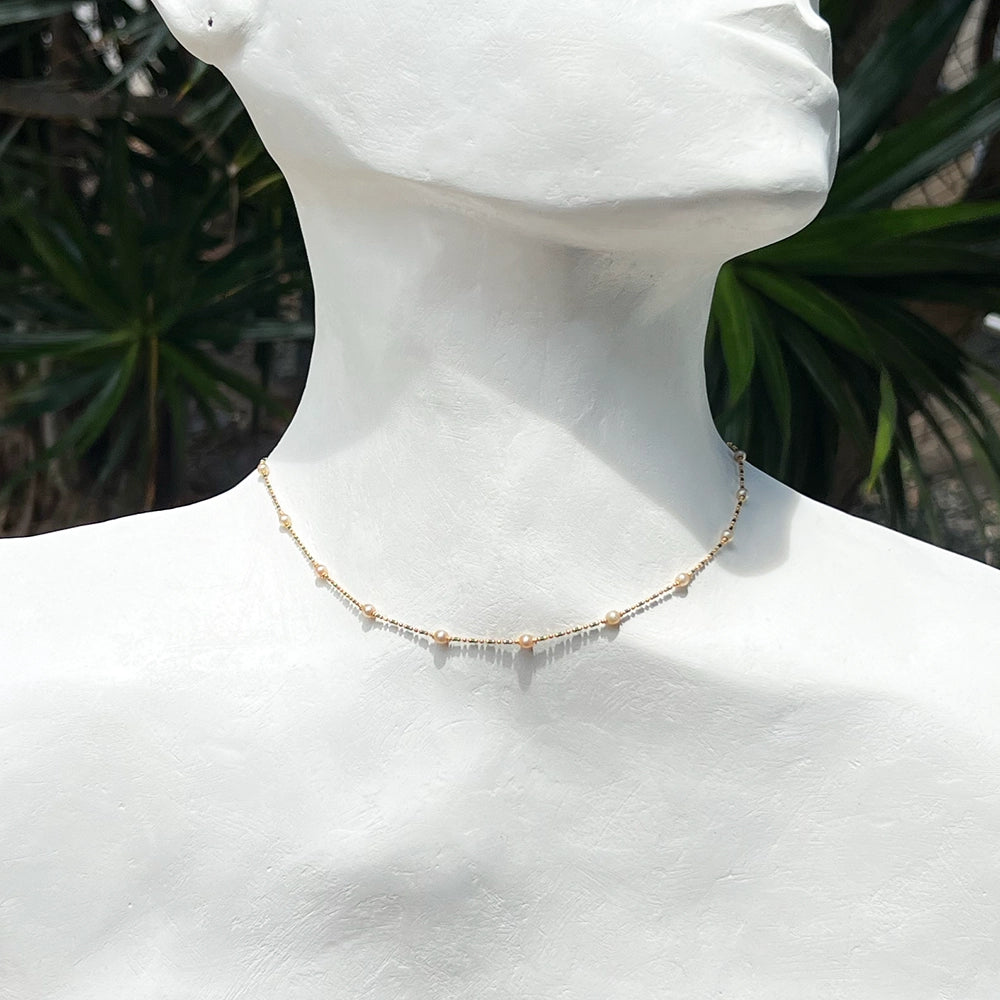 18K Yellow Gold Choker Necklace with Cultured Pearls and Green Enamel 15 Inches