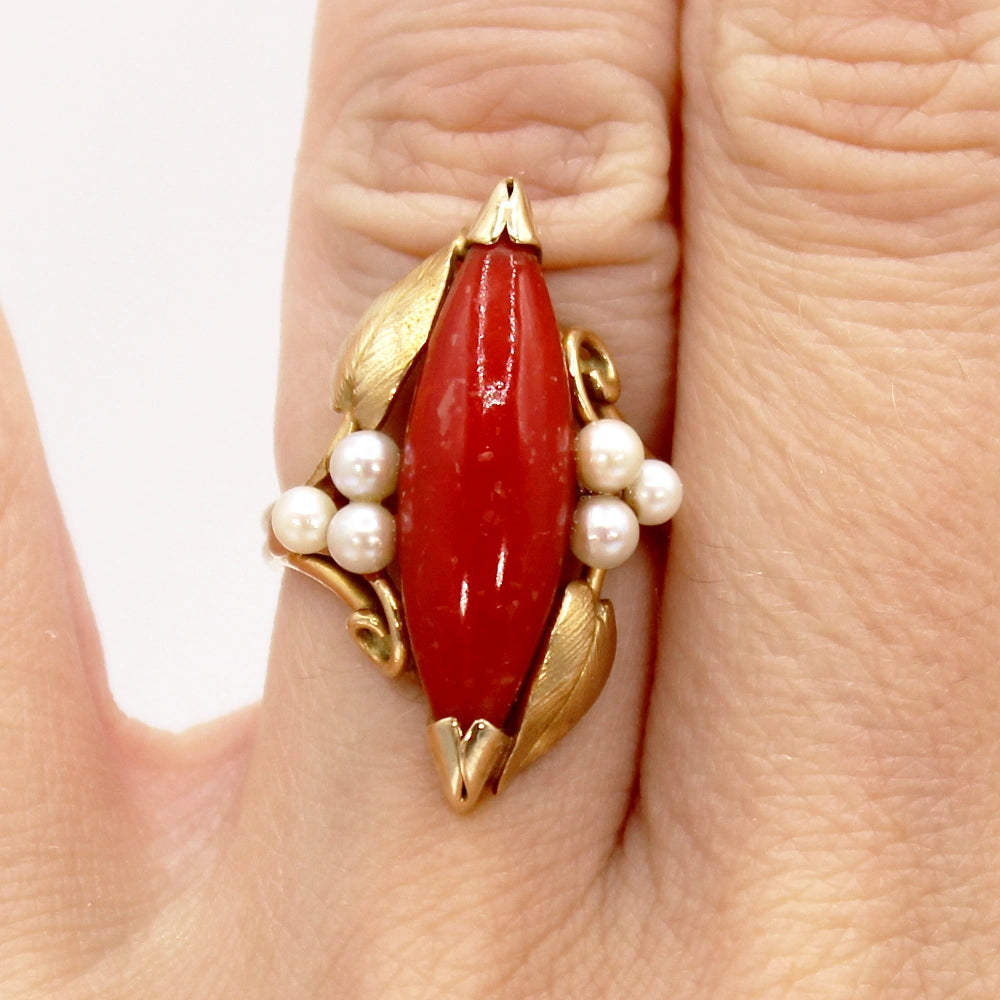 14K Yellow Gold Ring with Coral Marquis Cabochon and Pearls SIZE 5