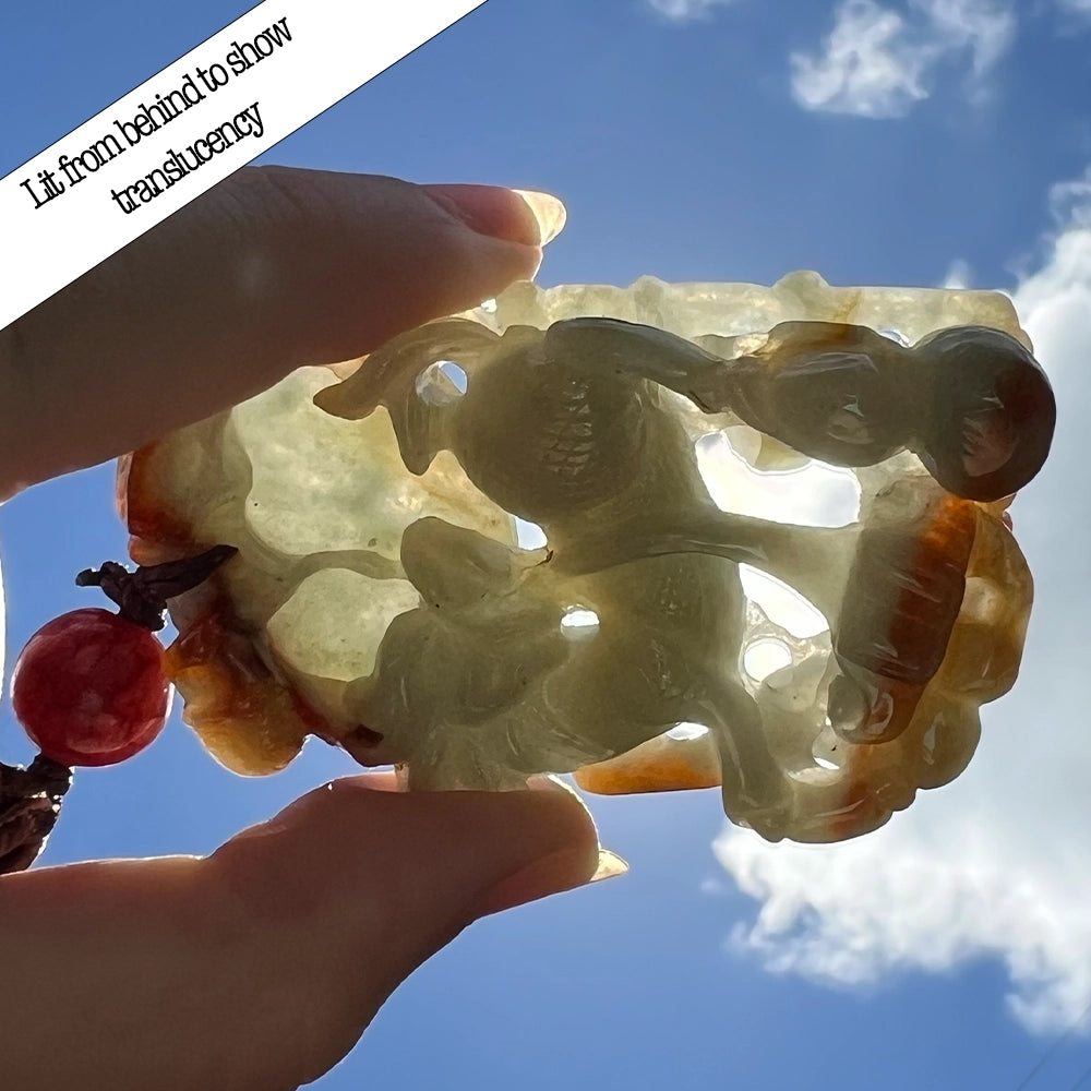 Carved Green and Red Jade Longma Pendant and Necklace