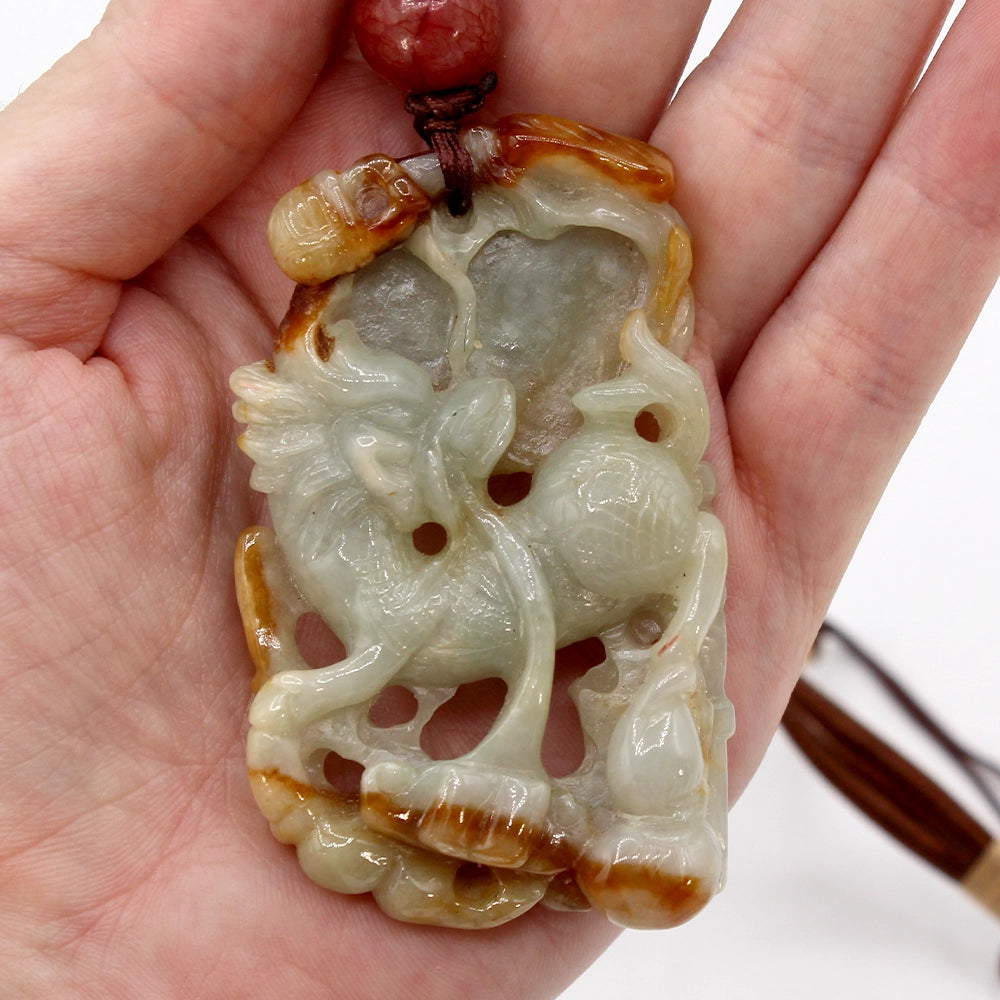 Carved Green and Red Jade Longma Pendant and Necklace