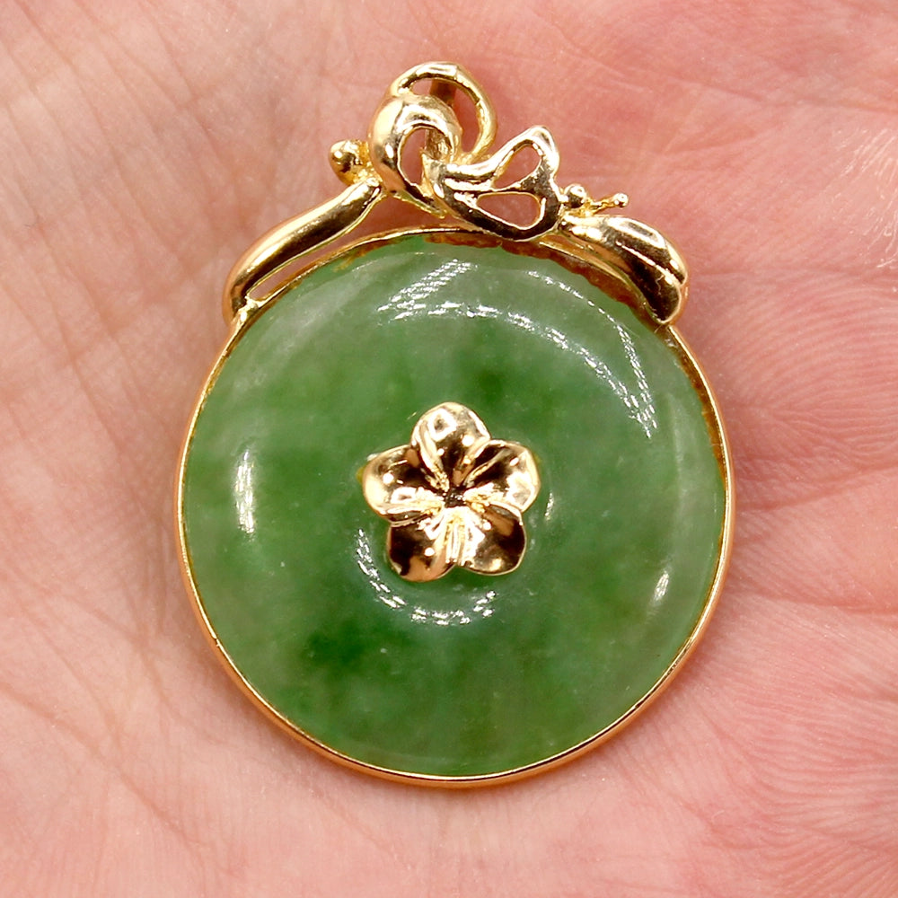 Green Jade and 14K Yellow Gold Plumeria Pendant