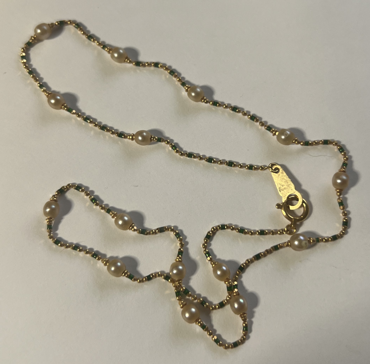 18K Yellow Gold Choker Necklace with Cultured Pearls and Green Enamel 15 Inches