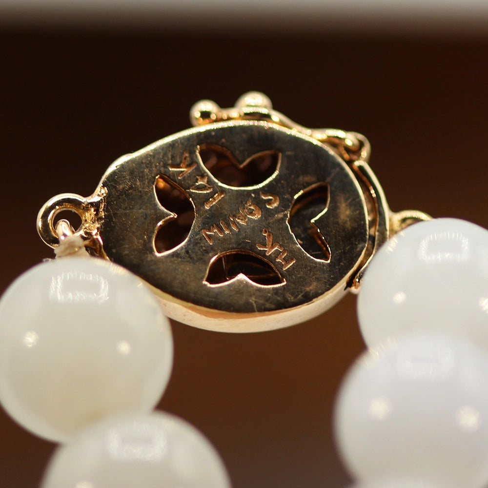 Ming’s Hawaii Pale Green Jade Beaded Necklace with 14K Yellow Gold Clasp - With Box!