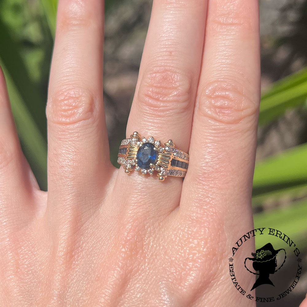 Vintage 14K Yellow Gold Sapphire and Diamond Scroll Ring SIZE 6.5