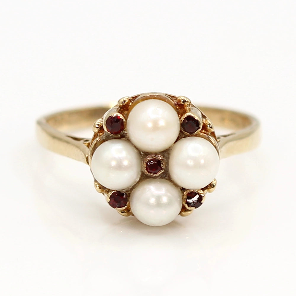Vintage 9K Yellow Gold Cultured Pearl and Garnet Ring SIZE 8.5