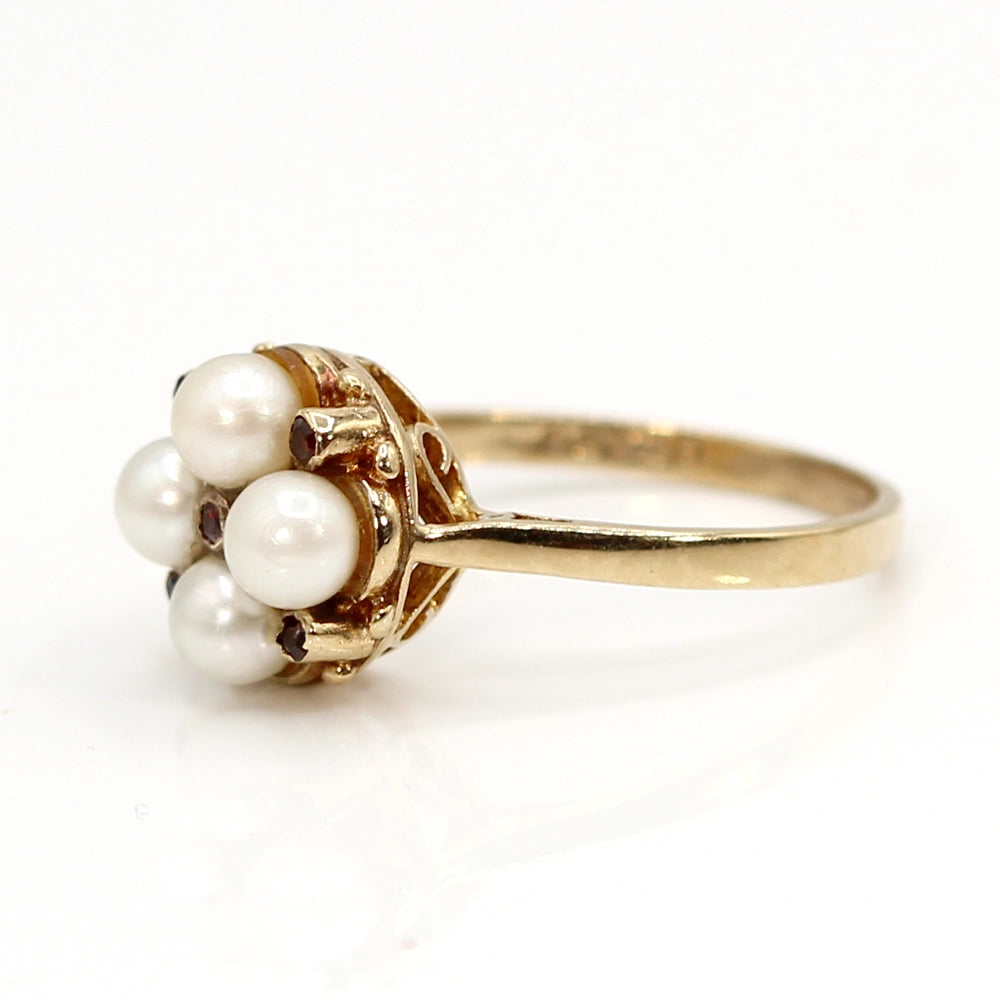 Vintage 9K Yellow Gold Cultured Pearl and Garnet Ring SIZE 8.5