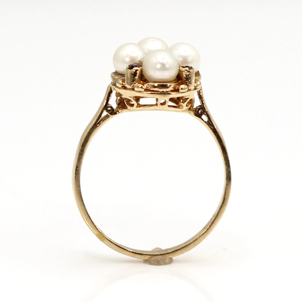 Vintage 9K Yellow Gold Cultured Pearl and Garnet Ring SIZE 8.5