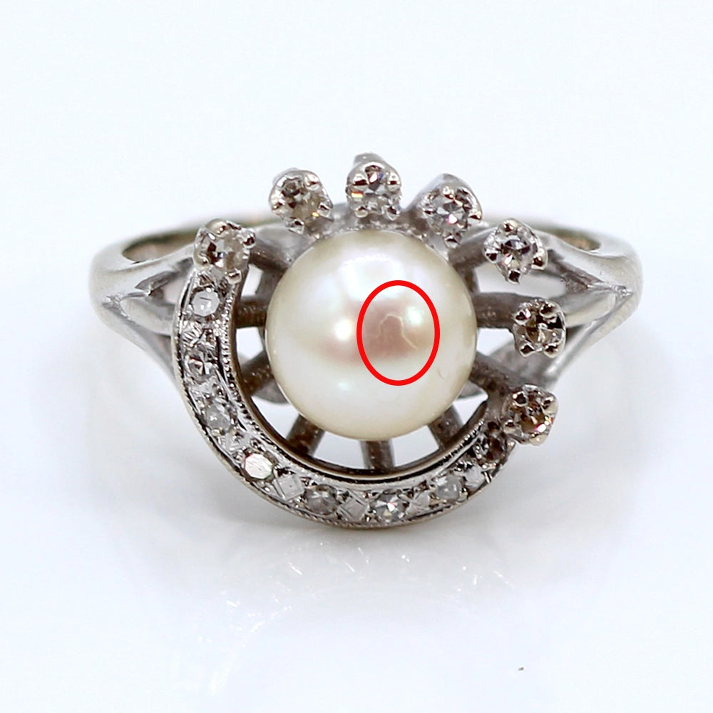 Celestial 14K White Gold Cultured Pearl and Diamond Ring SIZE 6.75