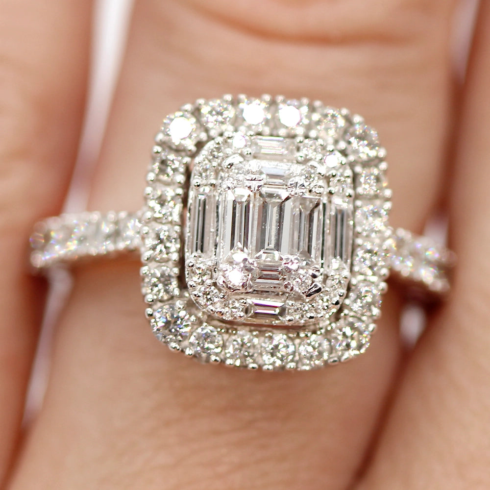10K White Gold and Emerald Cut Diamond Halo Ring SIZE 5