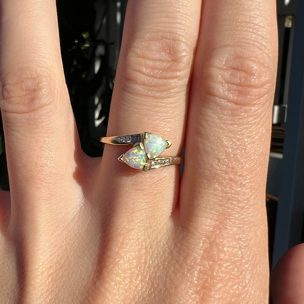10K Yellow Gold Double Opal and Diamond Ring SIZE 7