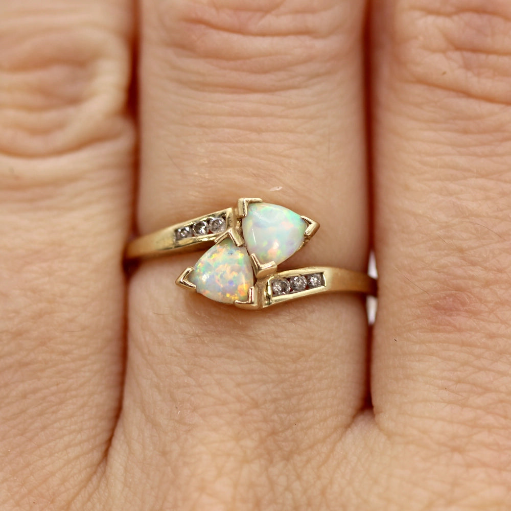10K Yellow Gold Double Opal and Diamond Ring SIZE 7