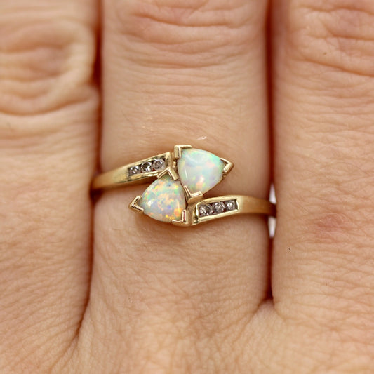 10K Yellow Gold Double Opal and Diamond Ring SIZE 7