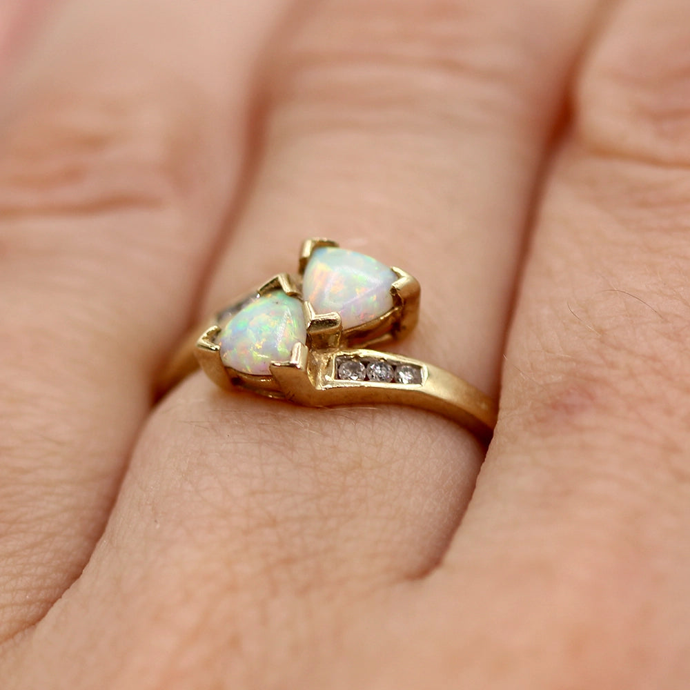 10K Yellow Gold Double Opal and Diamond Ring SIZE 7