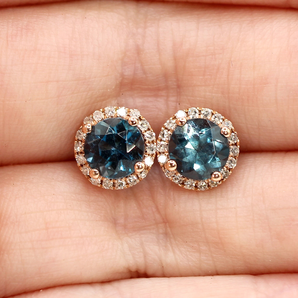 London Blue Topaz and Diamond Halo Stud Earrings in 10K Yellow Gold