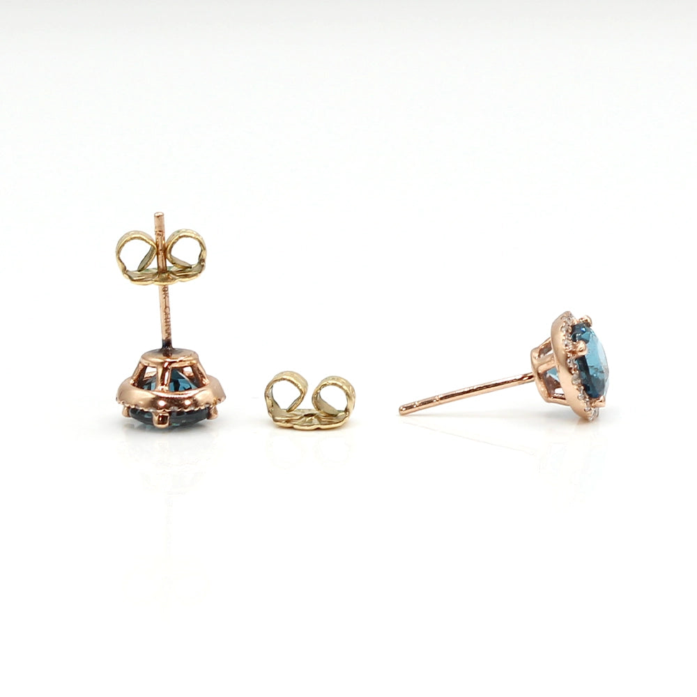 London Blue Topaz and Diamond Halo Stud Earrings in 10K Yellow Gold