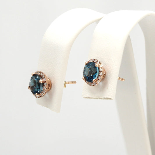 London Blue Topaz and Diamond Halo Stud Earrings in 10K Yellow Gold