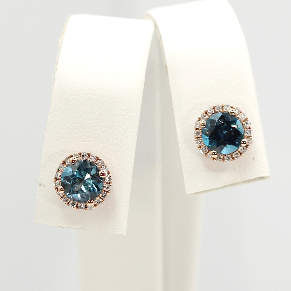 London Blue Topaz and Diamond Halo Stud Earrings in 10K Yellow Gold