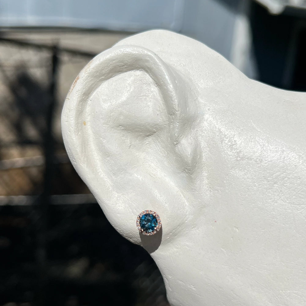 London Blue Topaz and Diamond Halo Stud Earrings in 10K Yellow Gold