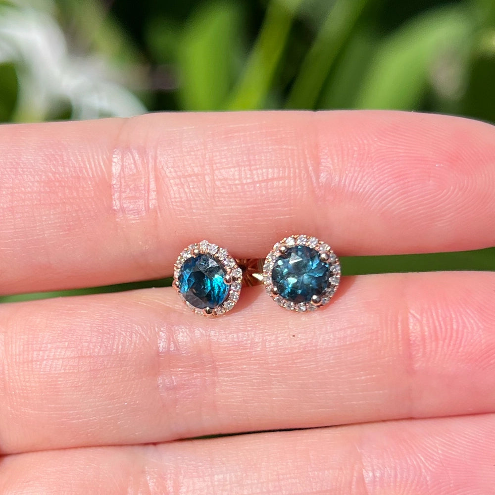 London Blue Topaz and Diamond Halo Stud Earrings in 10K Yellow Gold