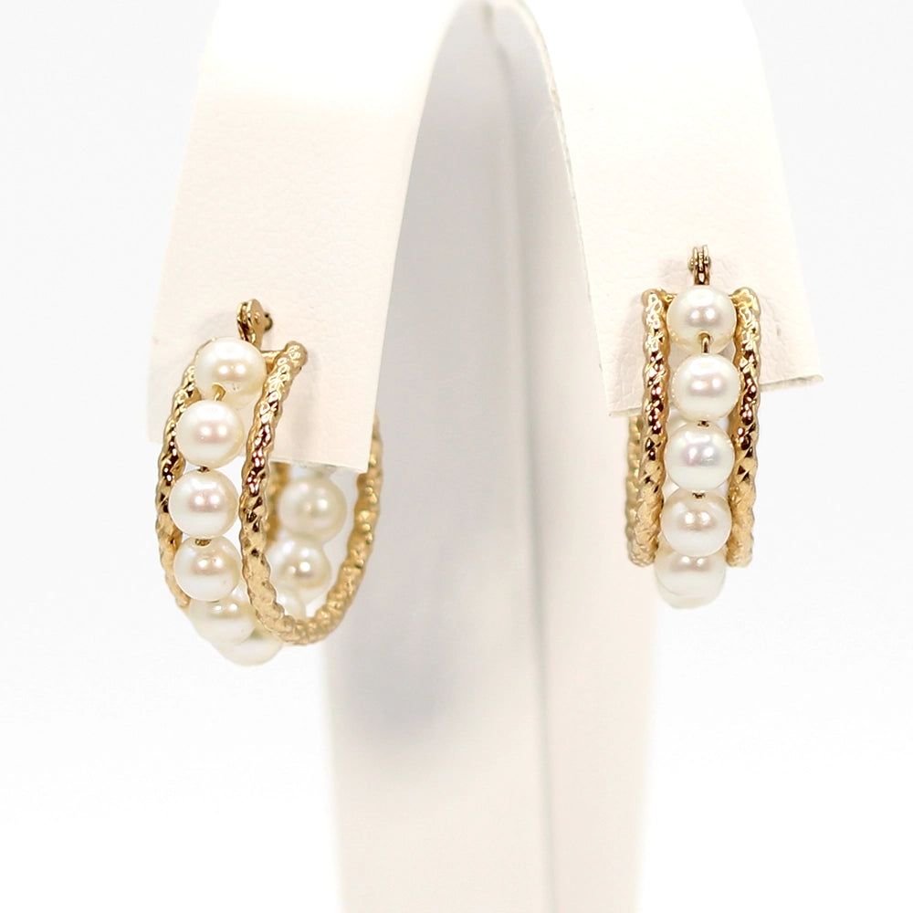 10K Yellow Gold and White Pearl Hoop Earrings