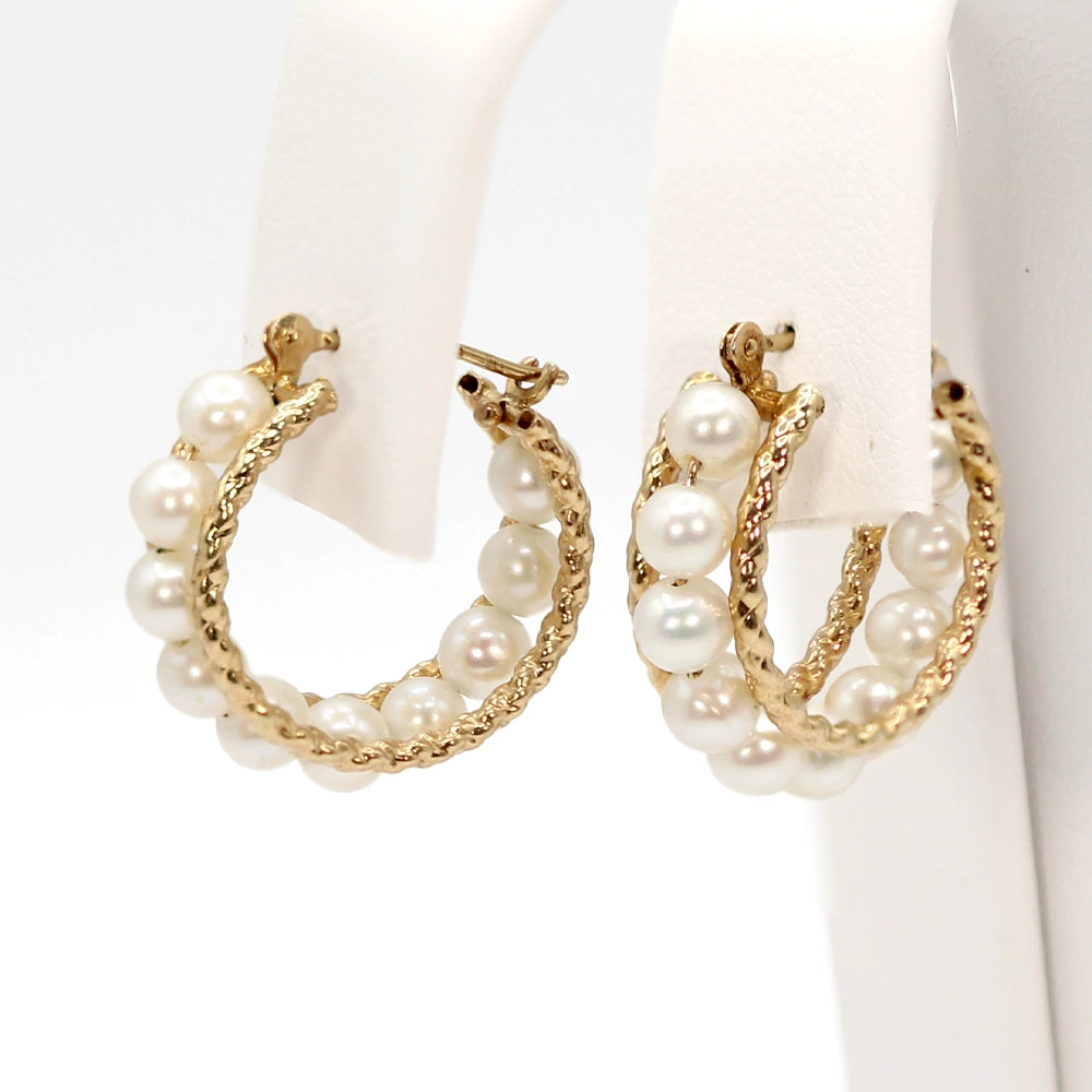 10K Yellow Gold and White Pearl Hoop Earrings