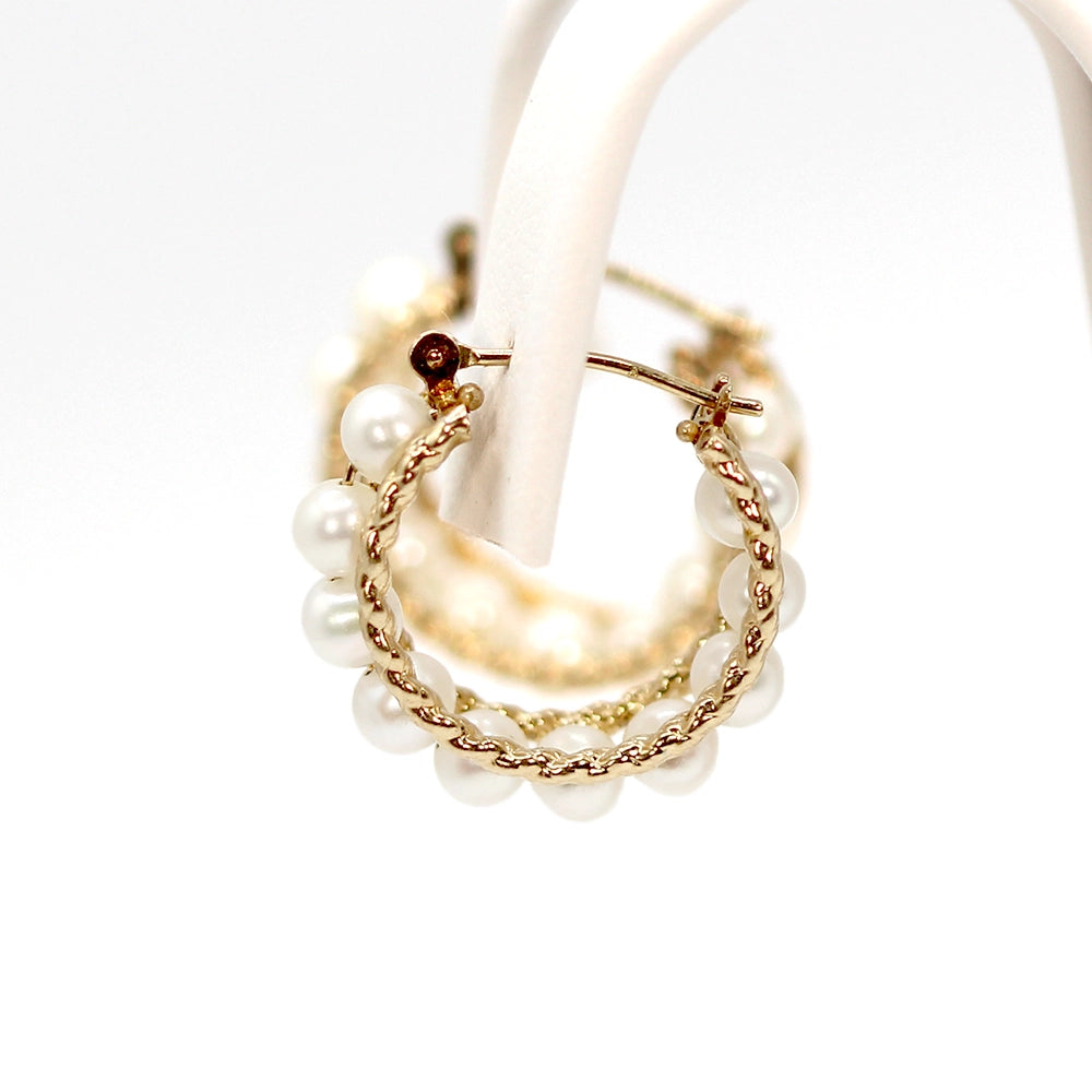 10K Yellow Gold and White Pearl Hoop Earrings