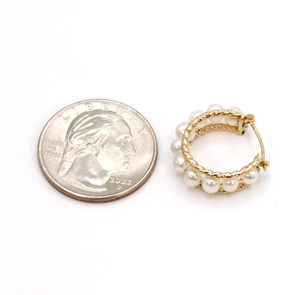 10K Yellow Gold and White Pearl Hoop Earrings