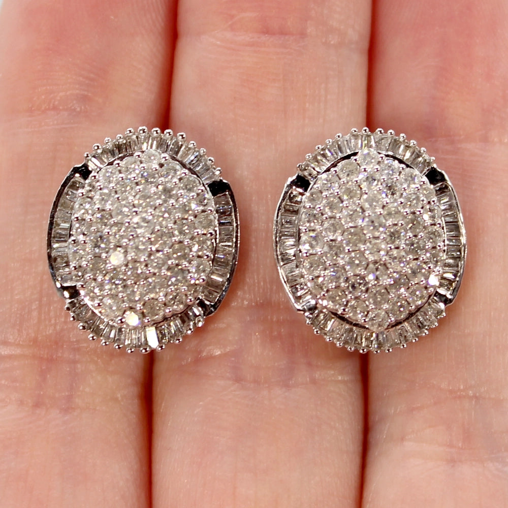 10K White Gold Diamond Dome Earrings with 3 Carats Total Weight