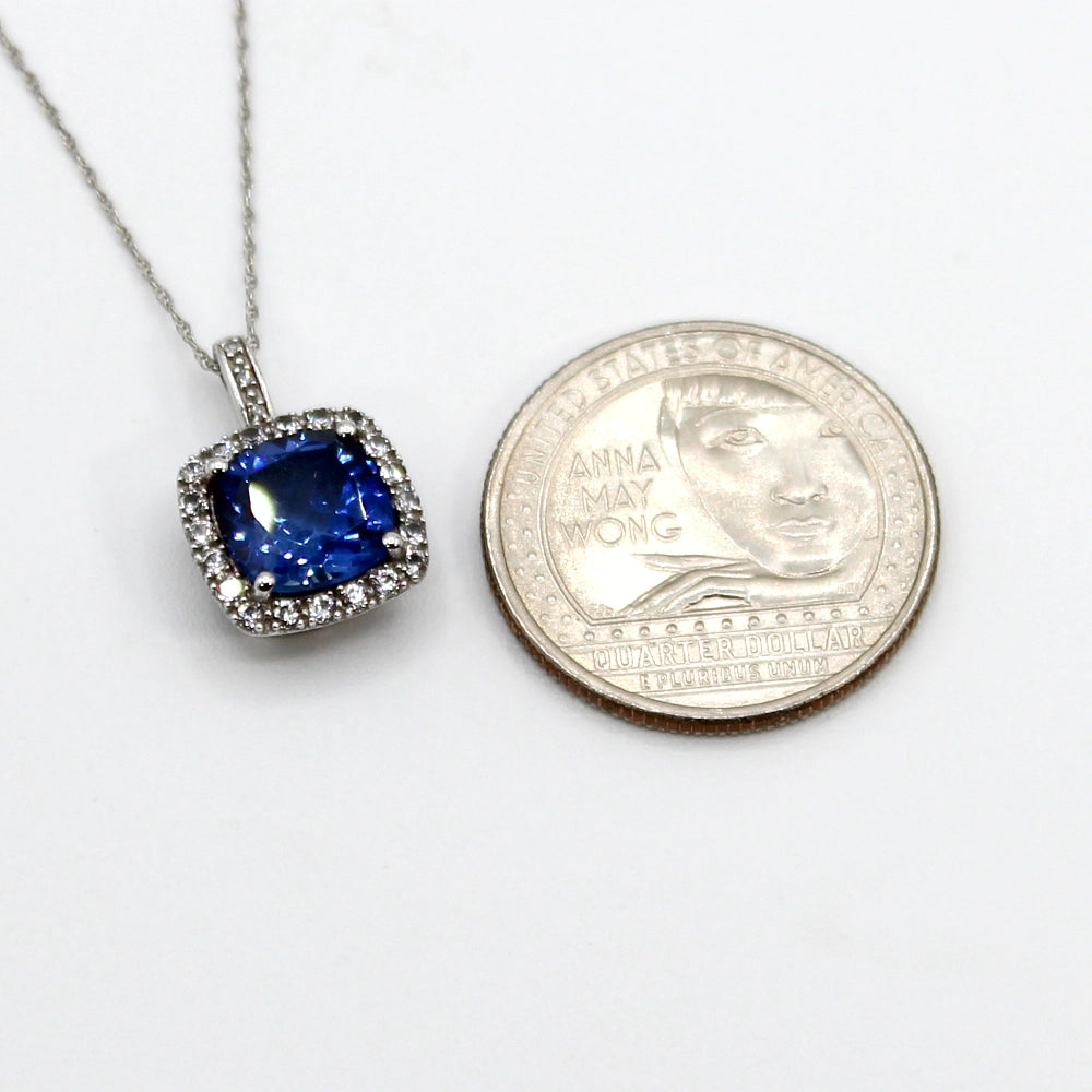10K White Gold Faux Tanzanite Halo Pendant with Chain