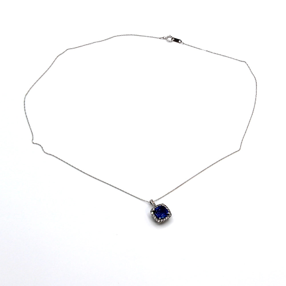 10K White Gold Faux Tanzanite Halo Pendant with Chain