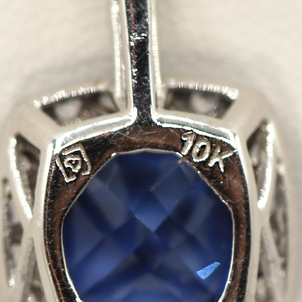 10K White Gold Faux Tanzanite Halo Pendant with Chain
