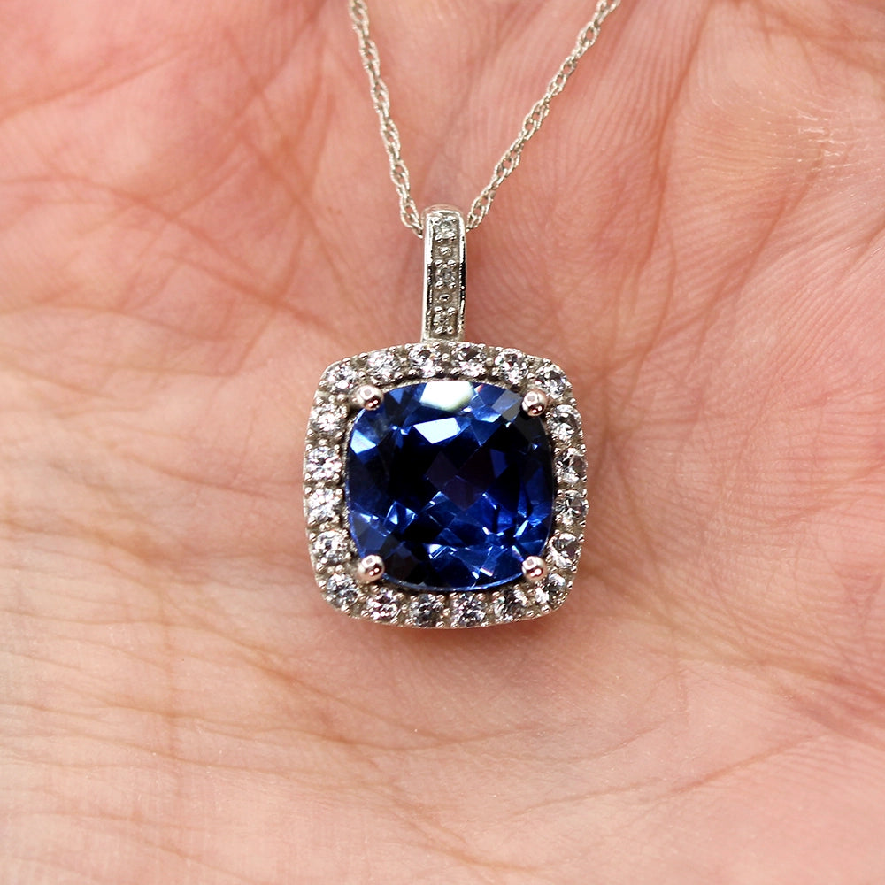 10K White Gold Faux Tanzanite Halo Pendant with Chain