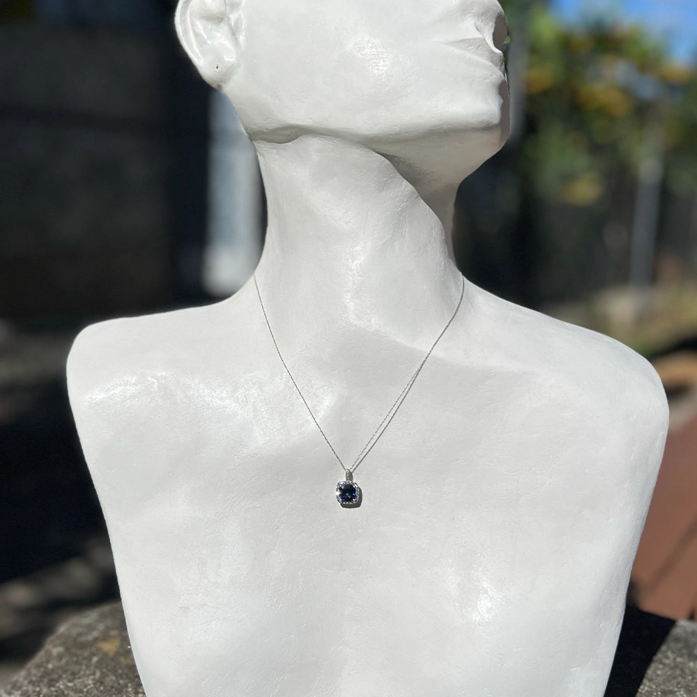 10K White Gold Faux Tanzanite Halo Pendant with Chain