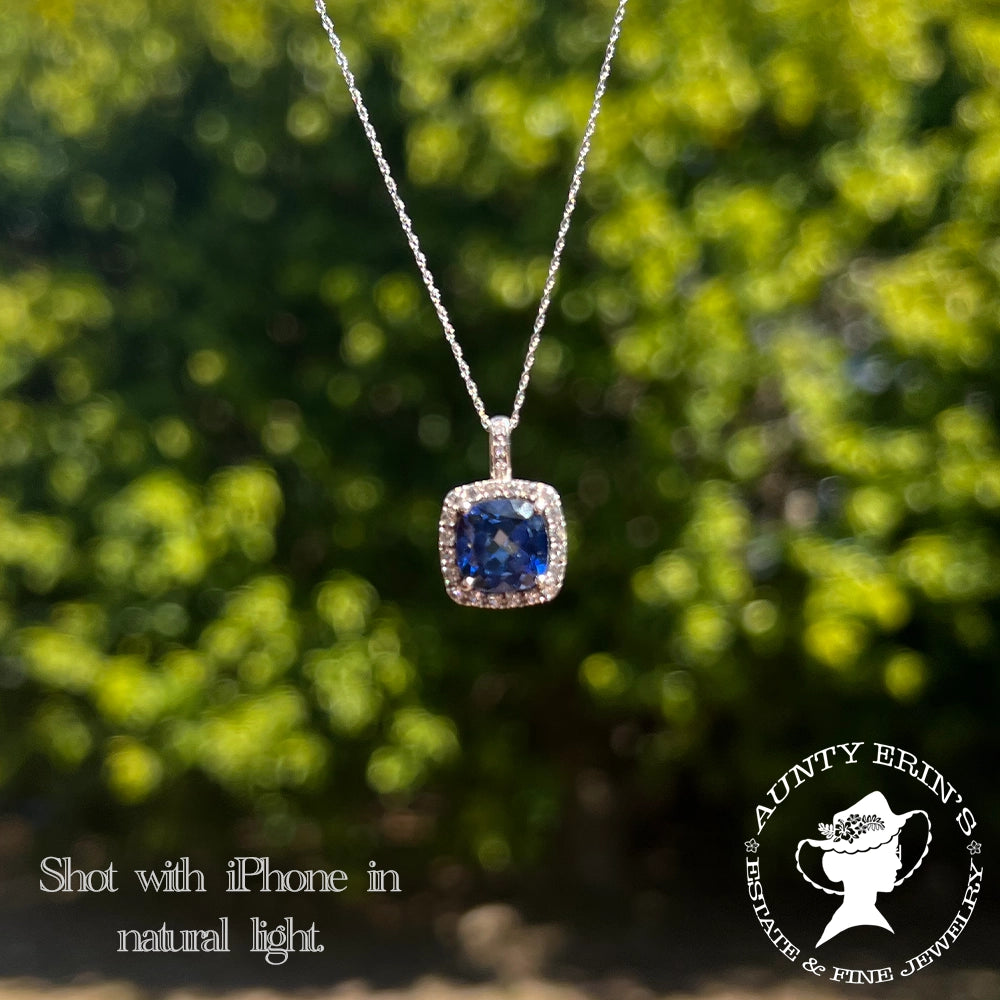 10K White Gold Faux Tanzanite Halo Pendant with Chain